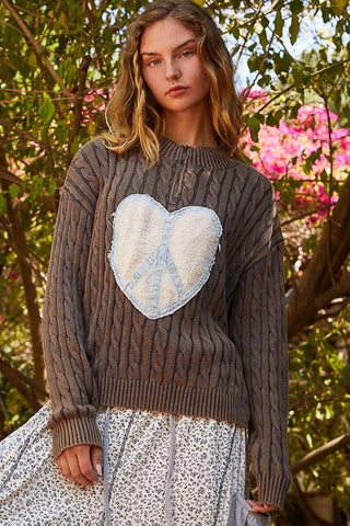 POL Cable-Knit Peace Patch Dropped Shoulder Sweater - 1985 the VAULT Boutique