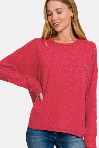 Zenana Full Size Contrast Stitching Brushed Ribbed Hacci Knit Top - 1985 the VAULT Boutique