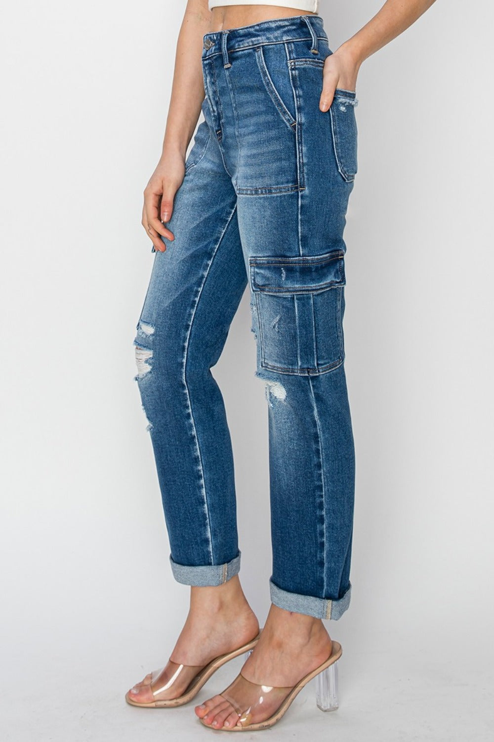 RISEN Full Size High Rise Cargo Ankle Roll Up Straight Jeans - 1985 the VAULT Boutique