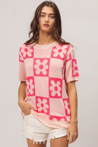 BiBi Flower Checker Pattern Short Sleeve Sweater - 1985 the VAULT Boutique