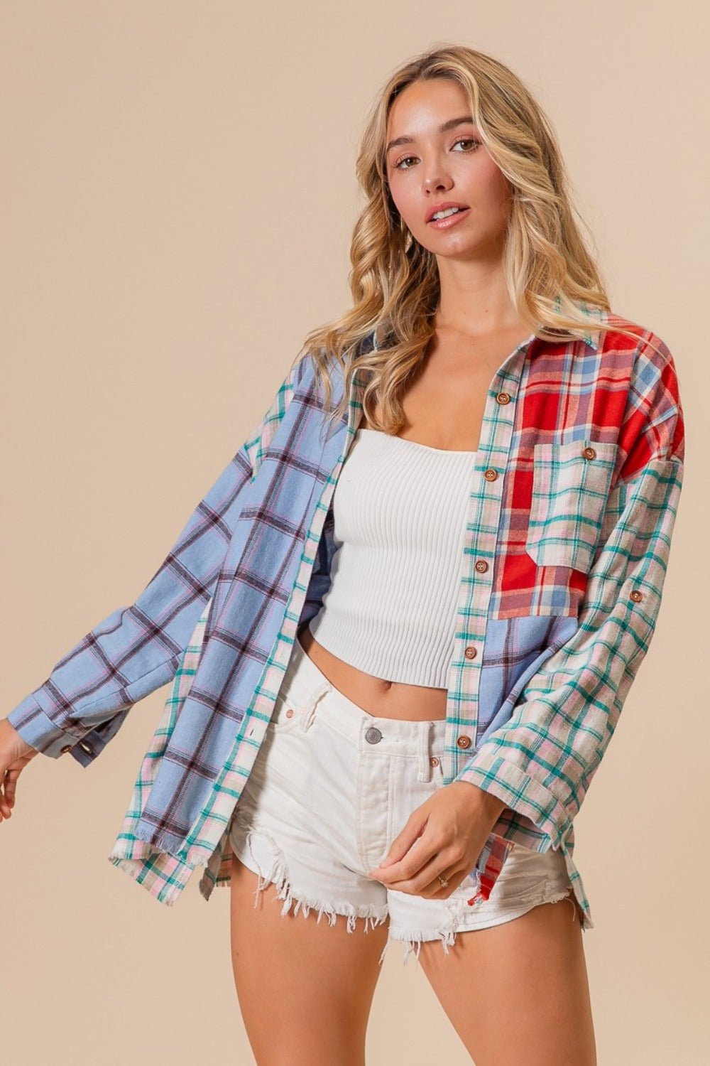 BiBi Color Block Plaid Button Down Shirt - 1985 the VAULT Boutique