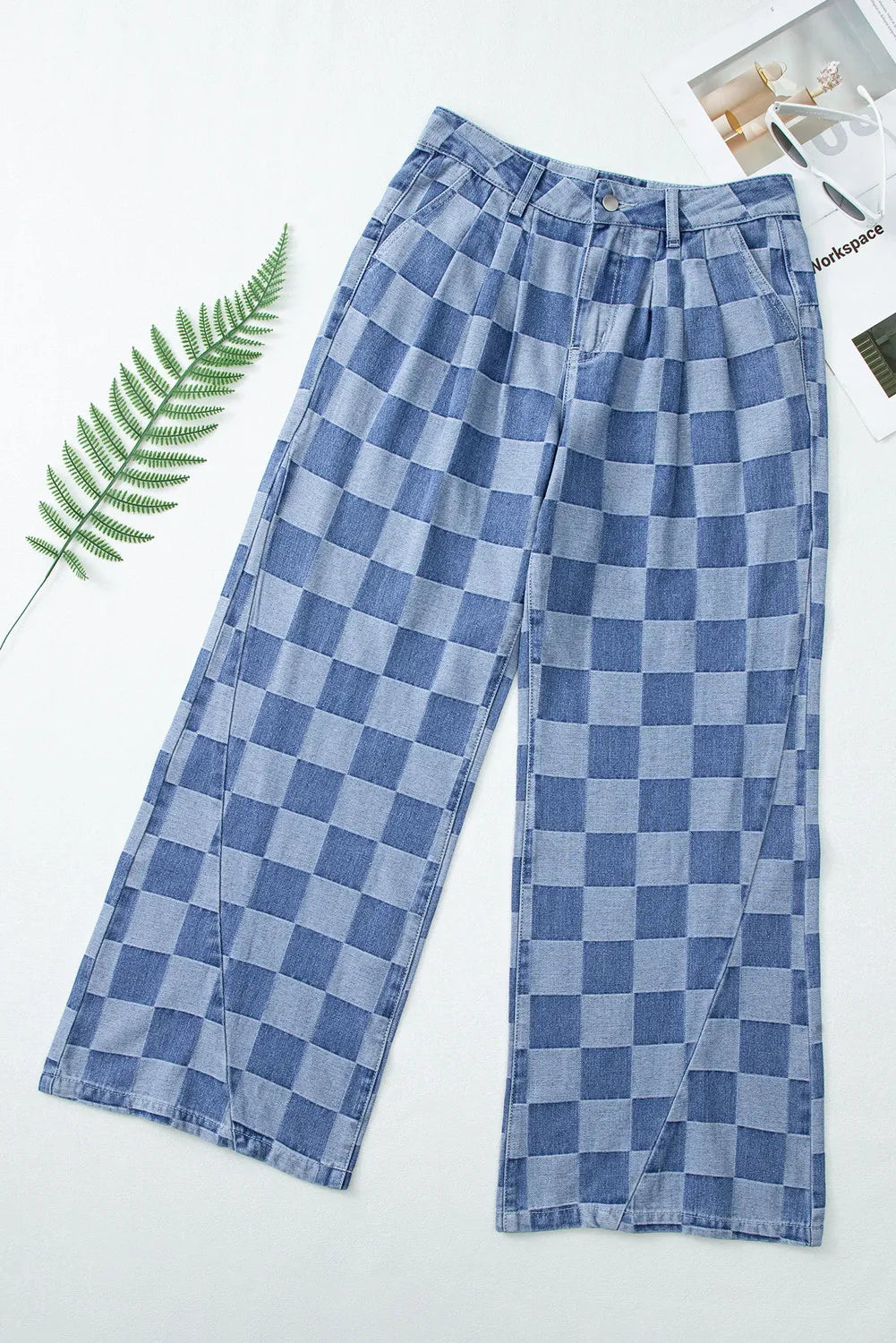 Checkered Wide Leg Jeans with Pockets - 1985 the VAULT Boutique