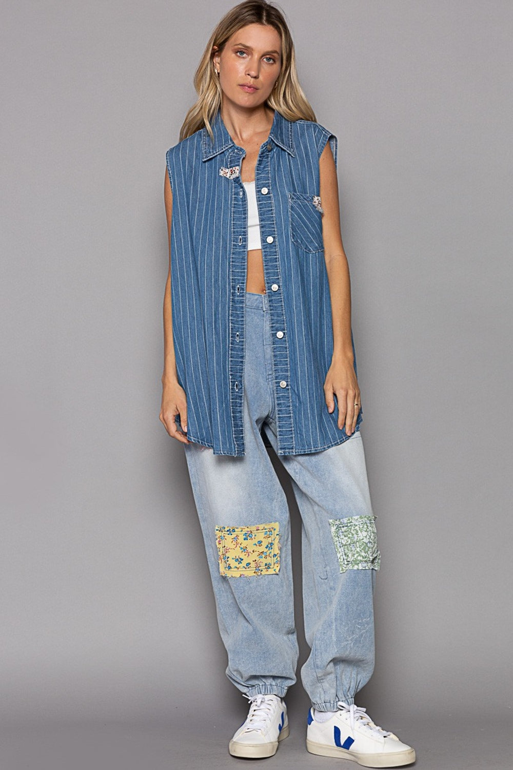 POL Button Down Sleeveless Striped Denim Shirt - 1985 the VAULT Boutique