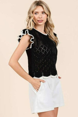 Mittoshop Openwork Contrast Trim Ruffled Cap Sleeve Knit Top - 1985 the VAULT Boutique