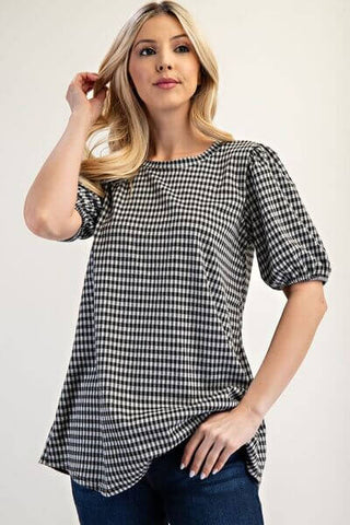 Celeste Full Size Gingham Print Top With Puff Sleeves Plus Size - 1985 the VAULT Boutique