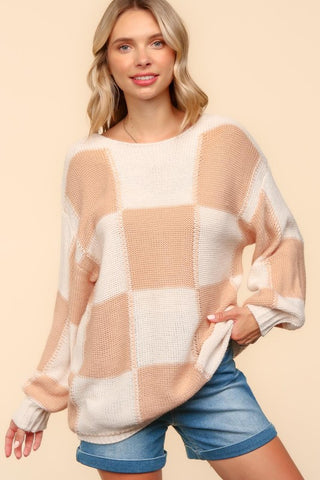 Haptics Full Size Checkered Round Neck Drop Shoulder Sweater - 1985 the VAULT Boutique