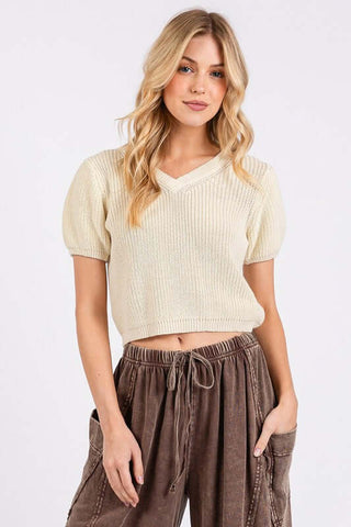 Mittoshop V-Neck Short Sleeve Crop Sweater - 1985 the VAULT Boutique