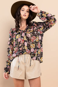 Ces Femme Ruffle Trim Long Sleeve Floral Blouse - Happily Ever Atchison Shop Co.