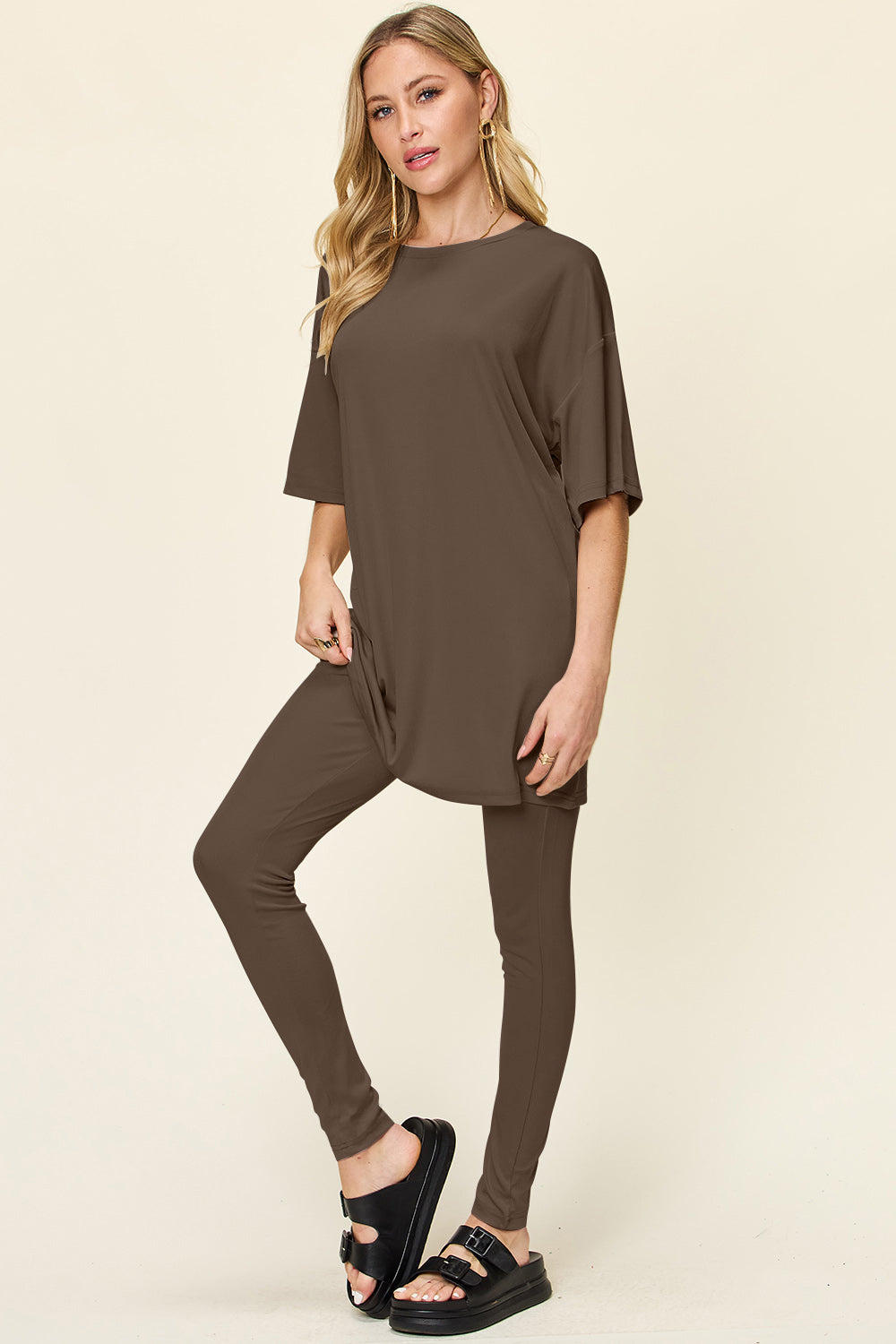 Double Take Full Size Round Neck Dropped Shoulder T-Shirt and Leggings Set - 1985 the VAULT Boutique