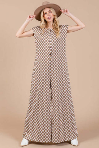 Ces Femme Checkered Half Button Cap Sleeve Jumpsuit - 1985 the VAULT Boutique