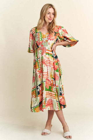 ADORA Floral V-Neck Puff Sleeve Midi Dress - 1985 the VAULT Boutique