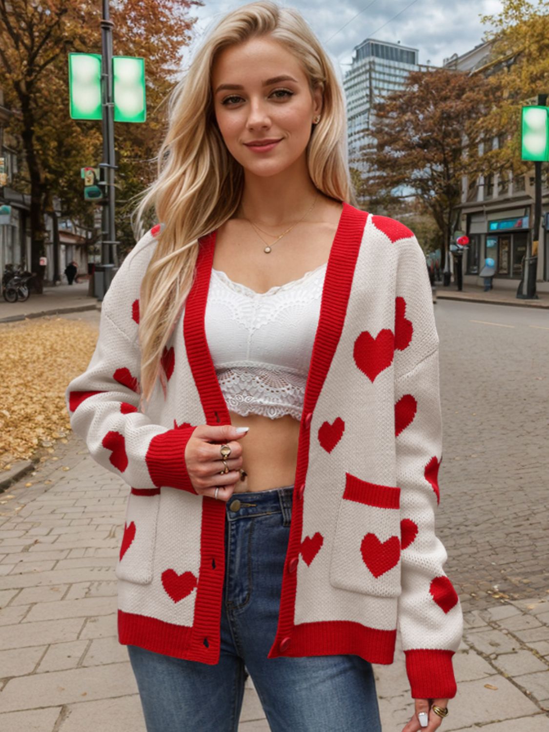 Heart Button Up Dropped Shoulder Long Sleeve Cardigan - 1985 the VAULT Boutique