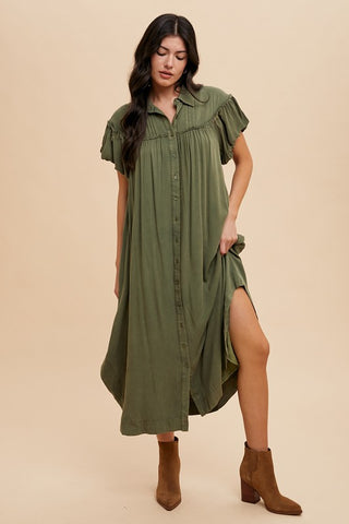 Annie Wear Mineral Washed Button Down Puff Sleeve Shirt Dress - 1985 the VAULT Boutique