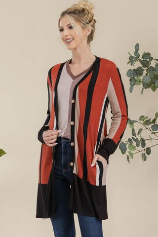 Celeste Full Size Striped Button Up Long Sleeve Cardigan Plus Size - 1985 the VAULT Boutique