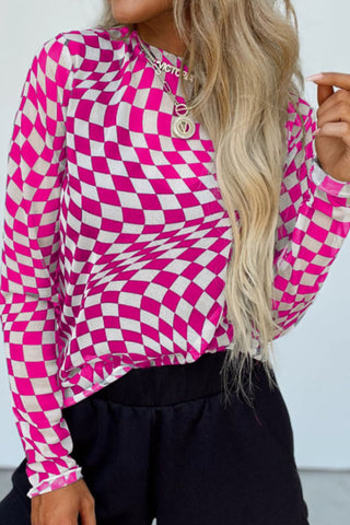 Checkered Mock Neck Long Sleeve Blouse - 1985 the VAULT Boutique