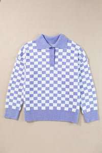 Plus Size Checkered Collared Neck Long Sleeve Sweater - 1985 the VAULT Boutique