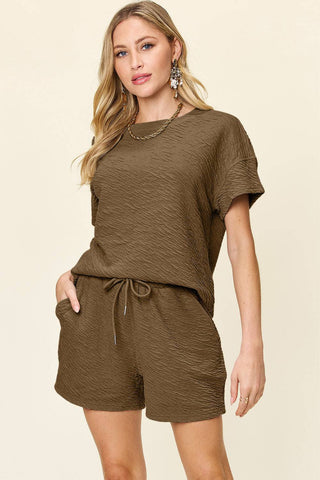 Double Take Full Size Texture Short Sleeve T-Shirt and Drawstring Shorts Set - 1985 the VAULT Boutique