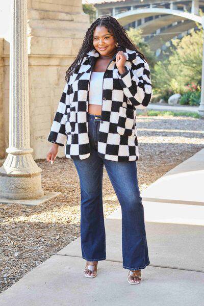 Double Take Full Size Checkered Button Front Coat with Pockets - 1985 the VAULT Boutique