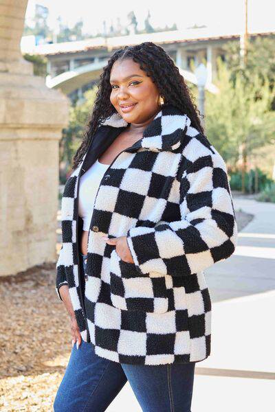 Double Take Full Size Checkered Button Front Coat with Pockets - 1985 the VAULT Boutique