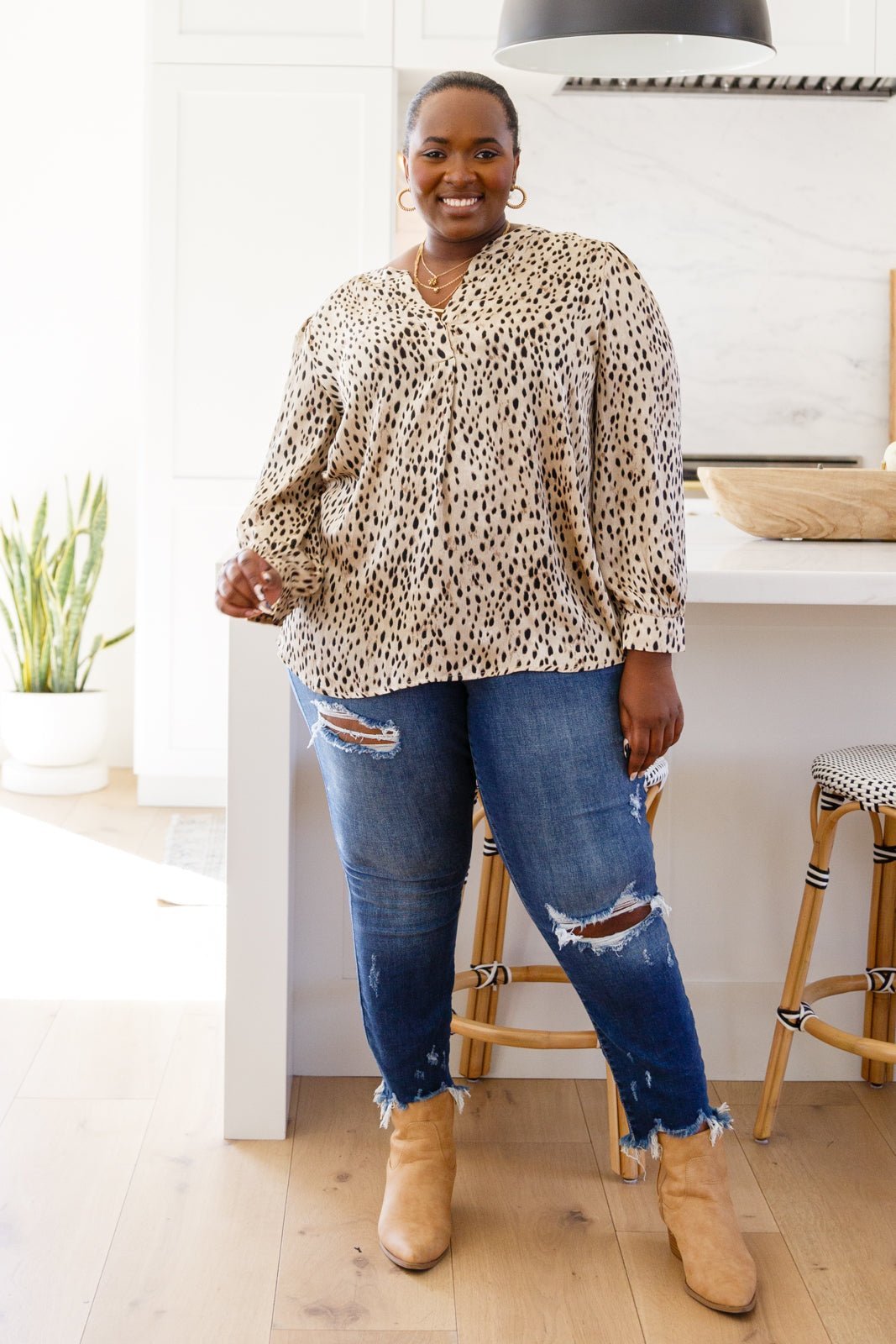 Countless Memories Split Neckline Dot Print Top - Happily Ever Atchison Shop Co.