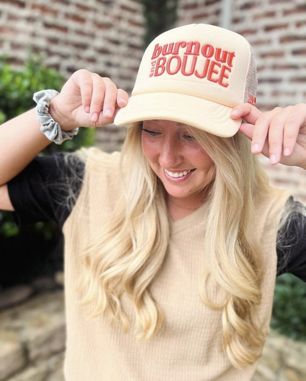 CREAM "BURNOUT BOUJEE" TRUCKER HAT - Happily Ever Atchison Shop Co.