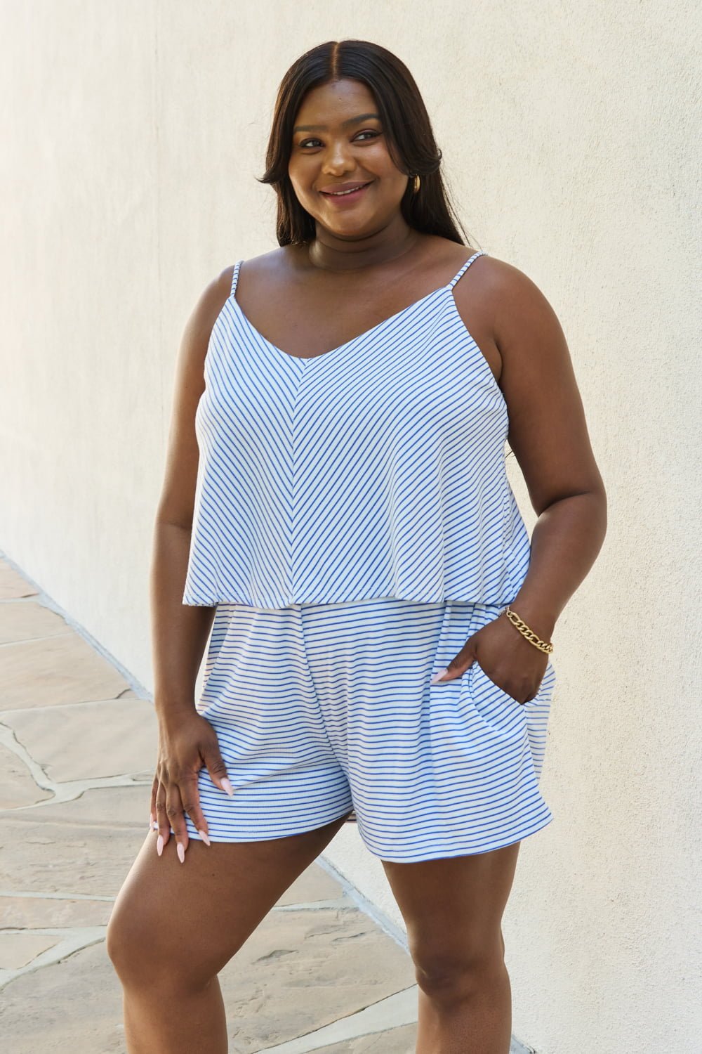 Culture Code Let It Happen Full Size Double Flare Striped Romper in Cobalt Blue - Happily Ever Atchison Shop Co.