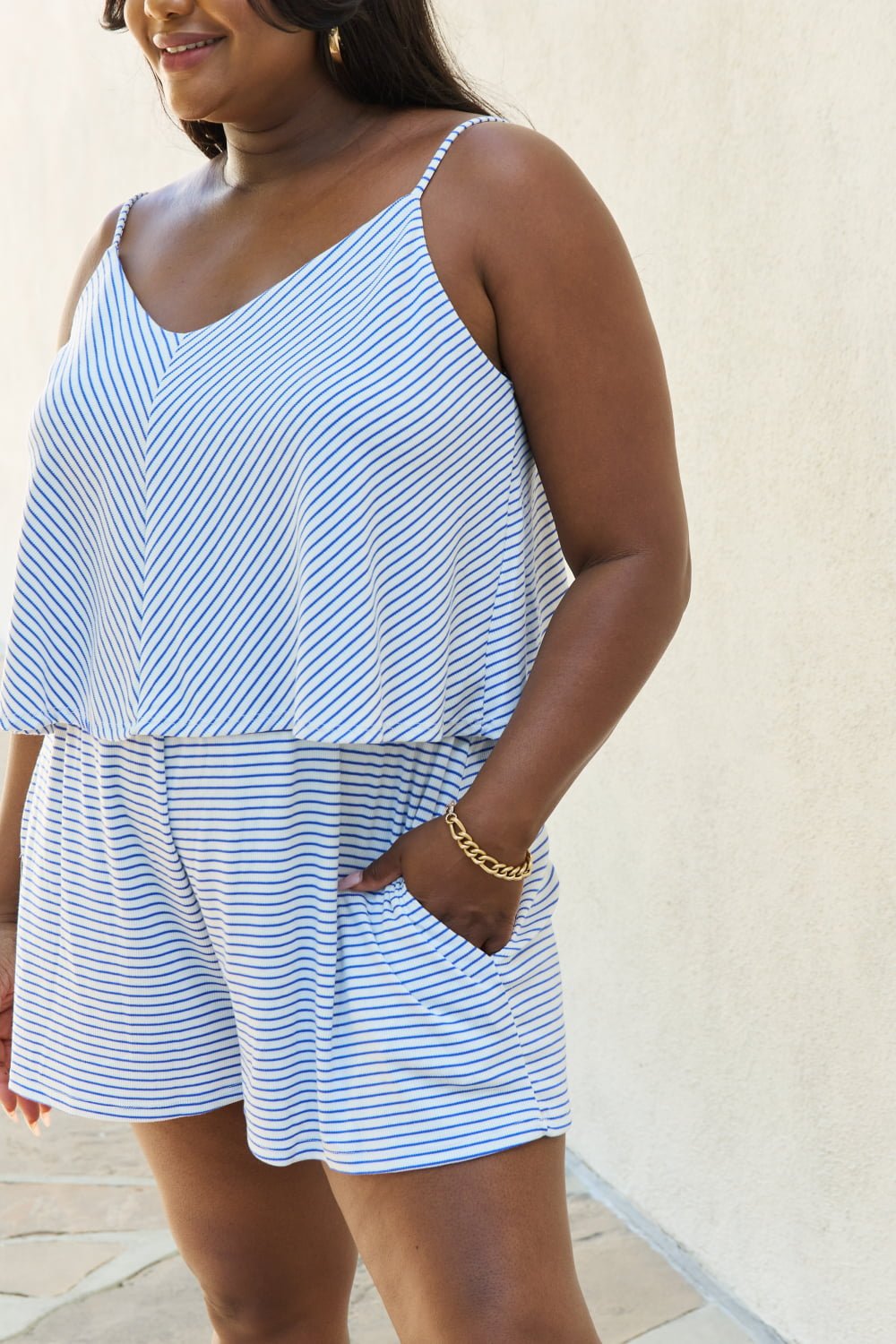 Culture Code Let It Happen Full Size Double Flare Striped Romper in Cobalt Blue - Happily Ever Atchison Shop Co.