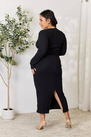 Culture Code Full Size Ribbed Long Sleeve Midi Slit Dress - 1985 the VAULT Boutique