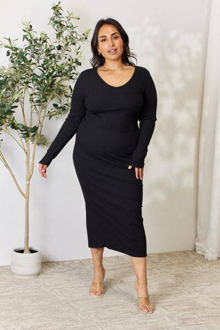 Culture Code Full Size Ribbed Long Sleeve Midi Slit Dress - 1985 the VAULT Boutique