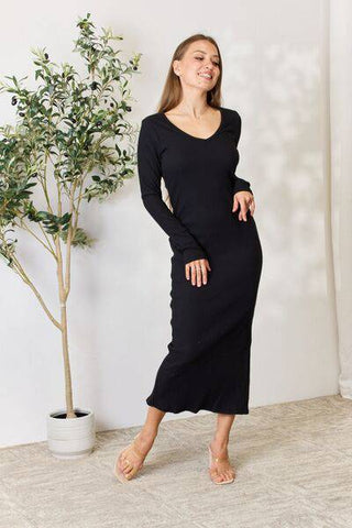 Culture Code Full Size Ribbed Long Sleeve Midi Slit Dress - 1985 the VAULT Boutique