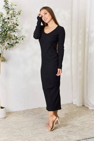 Culture Code Full Size Ribbed Long Sleeve Midi Slit Dress - 1985 the VAULT Boutique