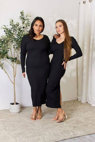 Culture Code Full Size Ribbed Long Sleeve Midi Slit Dress - 1985 the VAULT Boutique