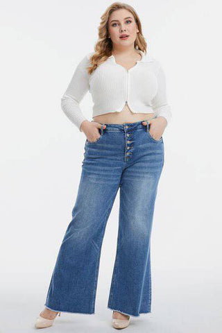 BAYEAS Full Size High Waist Button-Fly Raw Hem Wide Leg Jeans - 1985 the VAULT Boutique