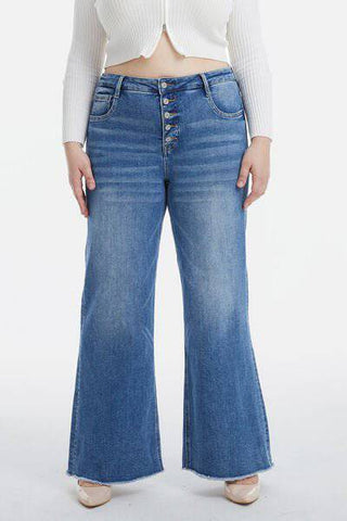 BAYEAS Full Size High Waist Button-Fly Raw Hem Wide Leg Jeans - 1985 the VAULT Boutique