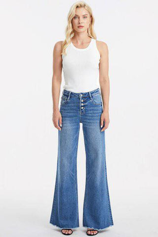 BAYEAS Full Size High Waist Button-Fly Raw Hem Wide Leg Jeans - 1985 the VAULT Boutique