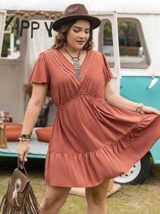 Double Take Plus Size Ruffle Hem V-Neck Short Sleeve Dress - 1985 the VAULT Boutique