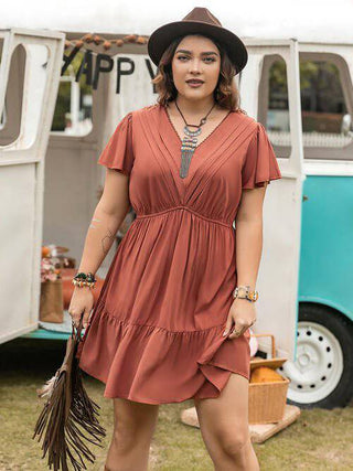 Double Take Plus Size Ruffle Hem V-Neck Short Sleeve Dress - 1985 the VAULT Boutique