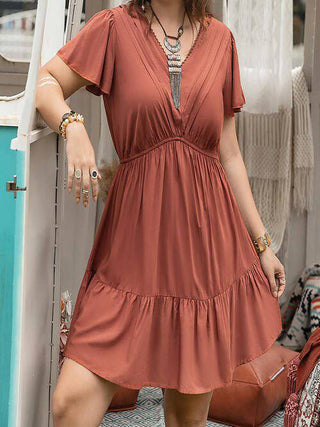 Double Take Plus Size Ruffle Hem V-Neck Short Sleeve Dress - 1985 the VAULT Boutique