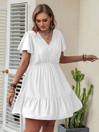 Double Take Plus Size Ruffle Hem V-Neck Short Sleeve Dress - 1985 the VAULT Boutique