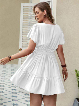 Double Take Plus Size Ruffle Hem V-Neck Short Sleeve Dress - 1985 the VAULT Boutique