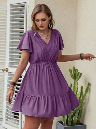 Double Take Plus Size Ruffle Hem V-Neck Short Sleeve Dress - 1985 the VAULT Boutique