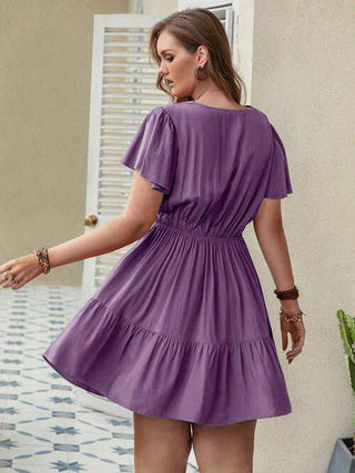 Double Take Plus Size Ruffle Hem V-Neck Short Sleeve Dress - 1985 the VAULT Boutique