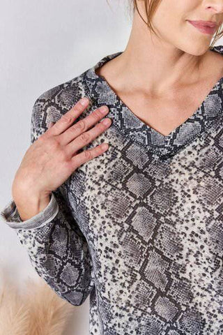 Hailey & Co Full Size Snakeskin V-Neck Long Sleeve Top - 1985 the VAULT Boutique