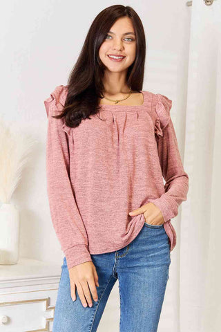 Double Take Square Neck Ruffle Shoulder Long Sleeve T-Shirt - 1985 the VAULT Boutique