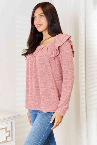 Double Take Square Neck Ruffle Shoulder Long Sleeve T-Shirt - 1985 the VAULT Boutique