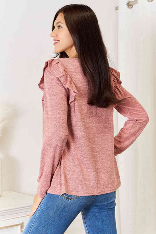 Double Take Square Neck Ruffle Shoulder Long Sleeve T-Shirt - 1985 the VAULT Boutique