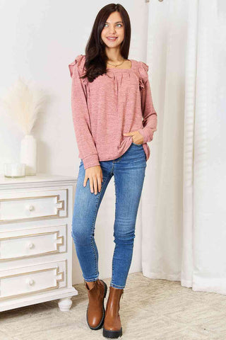 Double Take Square Neck Ruffle Shoulder Long Sleeve T-Shirt - 1985 the VAULT Boutique