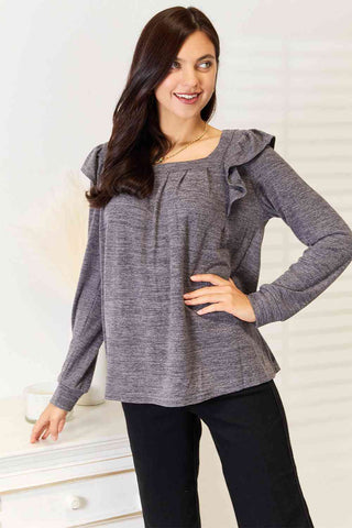 Double Take Square Neck Ruffle Shoulder Long Sleeve T-Shirt - 1985 the VAULT Boutique