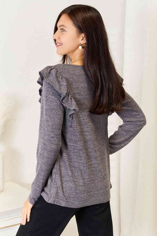 Double Take Square Neck Ruffle Shoulder Long Sleeve T-Shirt - 1985 the VAULT Boutique