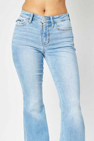 Judy Blue Full Size Mid Rise Raw Hem Slit Flare Jeans - 1985 the VAULT Boutique